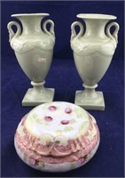 Vintage Pair of Celadon Swan Handled Vases Plus