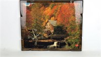 Wood Wall Clock with Fall Time Watermill Image