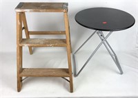 Wood Stepladder and Small Folding Metal Table