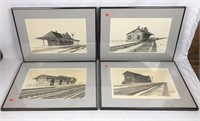 Set of 4 Signed Pencil Railroad Drawing Prints