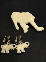 Faux Ivory Panther Pin & Elephant Earrings