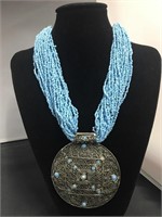 Large Medallion Turquoise Accent & Seed Bead Neckl