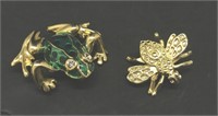 Enamelled Frog & Fly Brooches