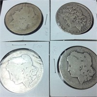 4 Morgan Silver Dollars 1881, 1890, 1886, Na