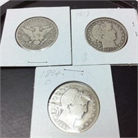 3 Barber Silver Half Dollars 1915, 1912, 1894