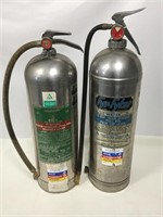 Two chrome fire extinguishers.