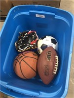 Tub w/ sports balls, gloves