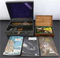 Old Wood Box w/ Magnifiers, Scissors, Books
