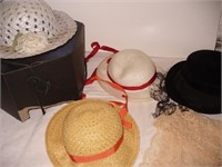 Vtg Lace Mantilla Scarf & Girl's Flowered Hats
