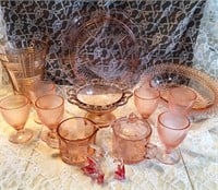 Pink Depression Glass Tray, Goblets, Vase & Asst