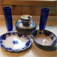 Flow Blue Dishware & Blue Vases