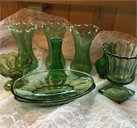 Green Glass Vases, Compotes & Plates
