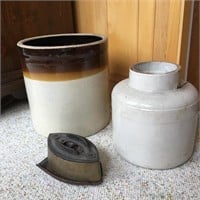 Vintage Crocks & Sad Iron Bottom with Rest