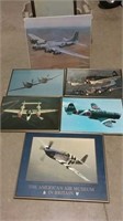 5 framed airplane pictures and one unframed