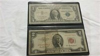 1957 $1 silver certificate and 1953A  Red Seal $2