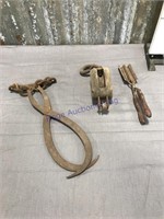 flat with ice tongs, wood pulley, curling iron