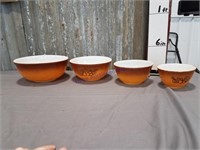 Pyrex bowl set, brown w/ fruit pattern, Set of 4