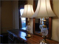 Pair of brass and glass lamps with shades - 32”