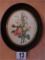 Oval framed and signed flower print 19 x 21