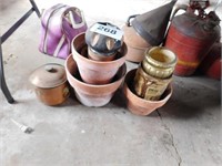 Assorted flower pots: terra cotta, metal, ceramic