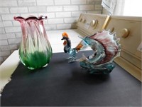 Art glass rooster - fish on ashtray - vase