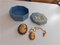 Cameo brooch - necklace - vanity box with