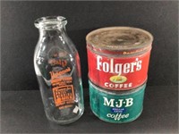 Tin Coffee Cans w/ Harpains Glass Milk Bottle