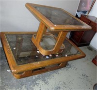 Vintage wood coffee and end tables with glass