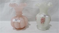 Fenton Pink Overlay 6" Melon Vase & Wh HP Vase 5"
