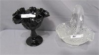 Fenton Crystal Basket & Black Thumbprint Comport