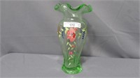 Fenton Green HP Vase 8"