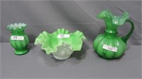 Fenton Green Beaded Melon Jug 6" & Pinch Vase +
