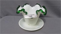 Fenton Milk Glass Flower Pot Emerald Green Crest