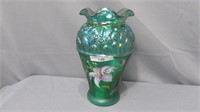 Fenton Iridized Emerald Green Leaf Vase HP Lily