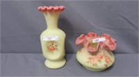 Fenton Burmese Pinch Vase HP Rose 7" &