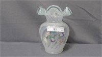 Fenton Lt Green Crest Opalescent HP Vase 5"