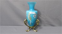 Fenton Turquoise Amphora Vase w/Brass Stand
