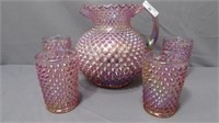 Fenton Dusty Rose Carnival Hobnail Pitcher/4 Cups