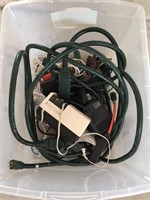 Tote of electrical cords and items