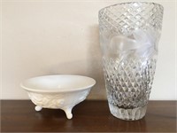 Lot of one crystal vase and one white footed bowl