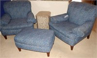 PAIR OF BLUE CHAIRS WITH OTTOMAN