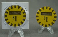 2 Harrah's Reno $1 Yellow and Brass Casino Chips