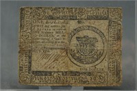 1776 Continental Currency One Dollar Bill