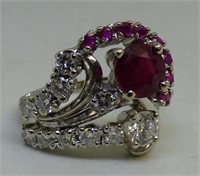 14K WHITE GOLD RUBY AND DIAMOND RING
