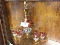 Antique Ruby Etched Czech Crystal Decanter Set