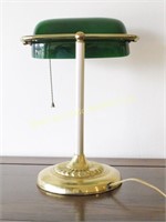 Brass finish student lamp with green glass shade