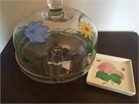 Glass Cake Plate with Painted Dome