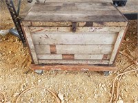 D- LARGE WOODEN TOOL BOX ON ROLLING DOLLY