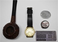 GROUP SMALL ITEMS BENRUS WATCH, PIPE, OLD TICKET