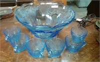 Blue punch bowl with 6 cups